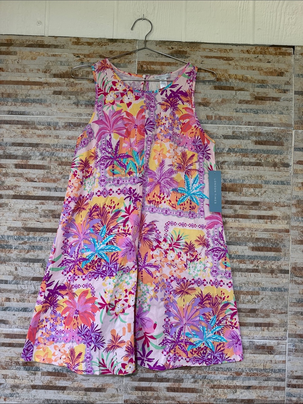 London Times Tropical Patchwork Mini Dress - Pink, Purple, Turquoise & Orange